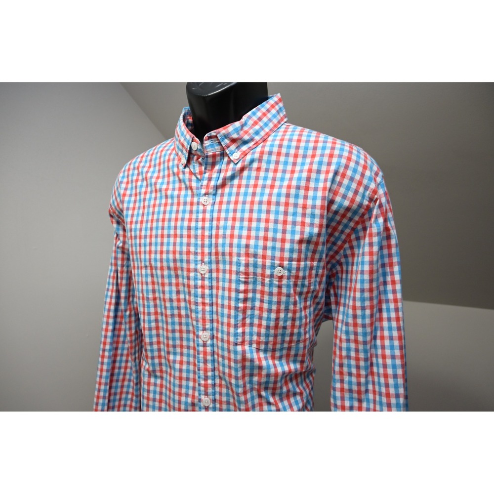 Express Button Up Dress Shirt Mens XL Red White Blue Plaid Fitted Excellent